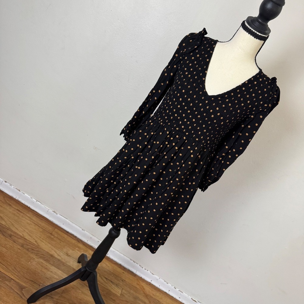 Madewell Black Polka Dot Smocked Mini Dress V-Neck Long Sleeve XS